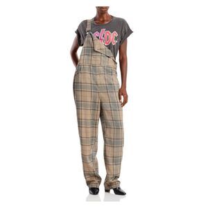 WEWOREWHAT Womens Brown Bib Overall Side Button Plaid Straight leg Jumpsuit M